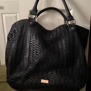 Deux Lux navy blue leather tote with shoulder strap magnet closure gold accent